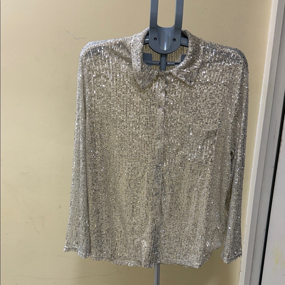 Sequin Button-Down Shirt in Sparkling Champagne